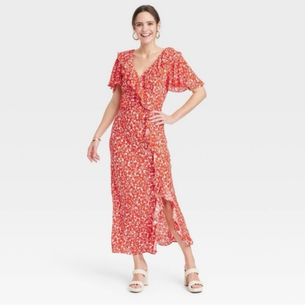 A New Day Red and White Flutter Sleeve Wrap Dress